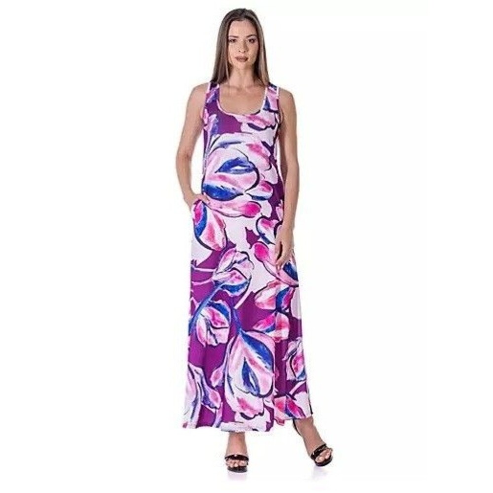 24Seven purple floral scoop neck sleeveless maxi dress with pockets 2X